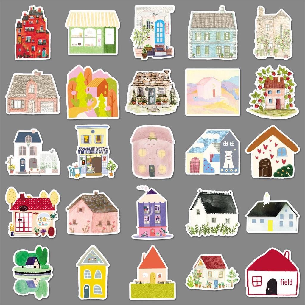 50 Hand-Painted Cartoon House Sticker Sheets: Cute Stationery, Storage, Building, Graffiti, Phone & Computer Decals