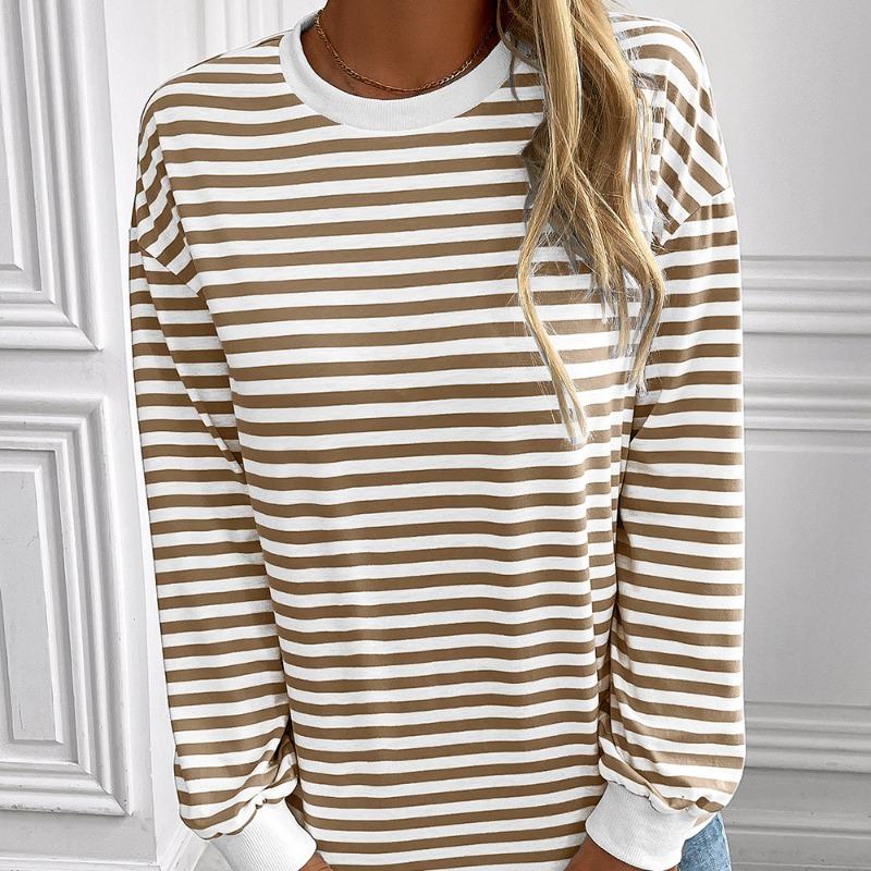 Navy Striped T-shirt Loose Long Sleeved Sweatshirt Striped Round Neck T-shirt Top