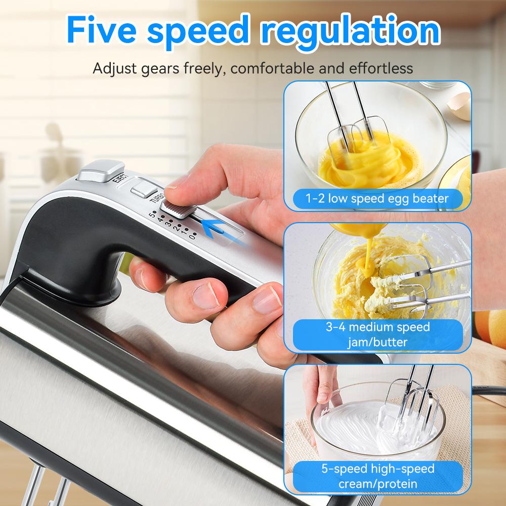 300W Handmixer, 5 Snelheden met Deegkneden Haken & Garde Opzetstukken, voor Bakken Koken Taart Room