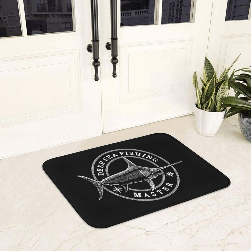 Deep Sea Fishing Master Marlin Pattern Doormat, Machine Washable Polyester Rectangular Rug, Lightweight and Non-slip