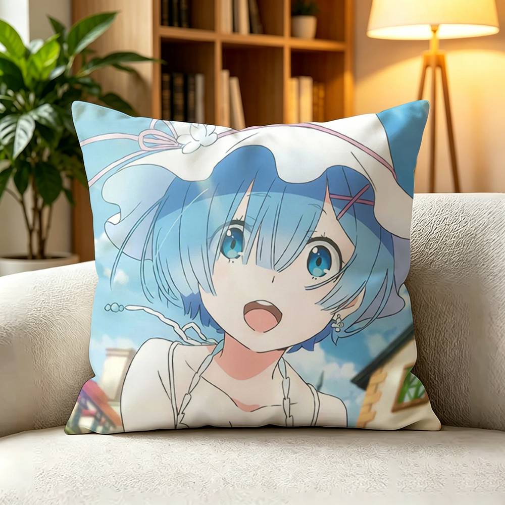 RReZERO Rem Blue Hair Oni Girl Square DoubleSided printed Pillow Case Bedroom Bedside Pillow Sofa Cushion Cover