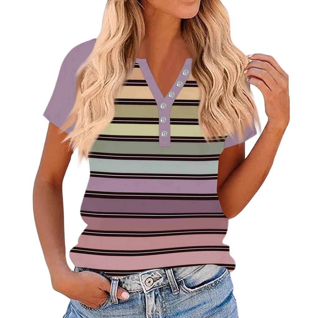 Women's Fashionable Casual V-neck Button-down Striped Print Short-sleeved Top For Summer