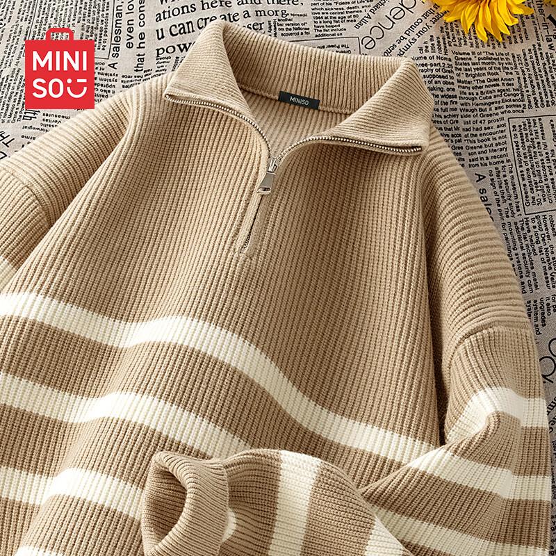 MINISO Men's American Retro Striped Half-Zip Knit Sweater