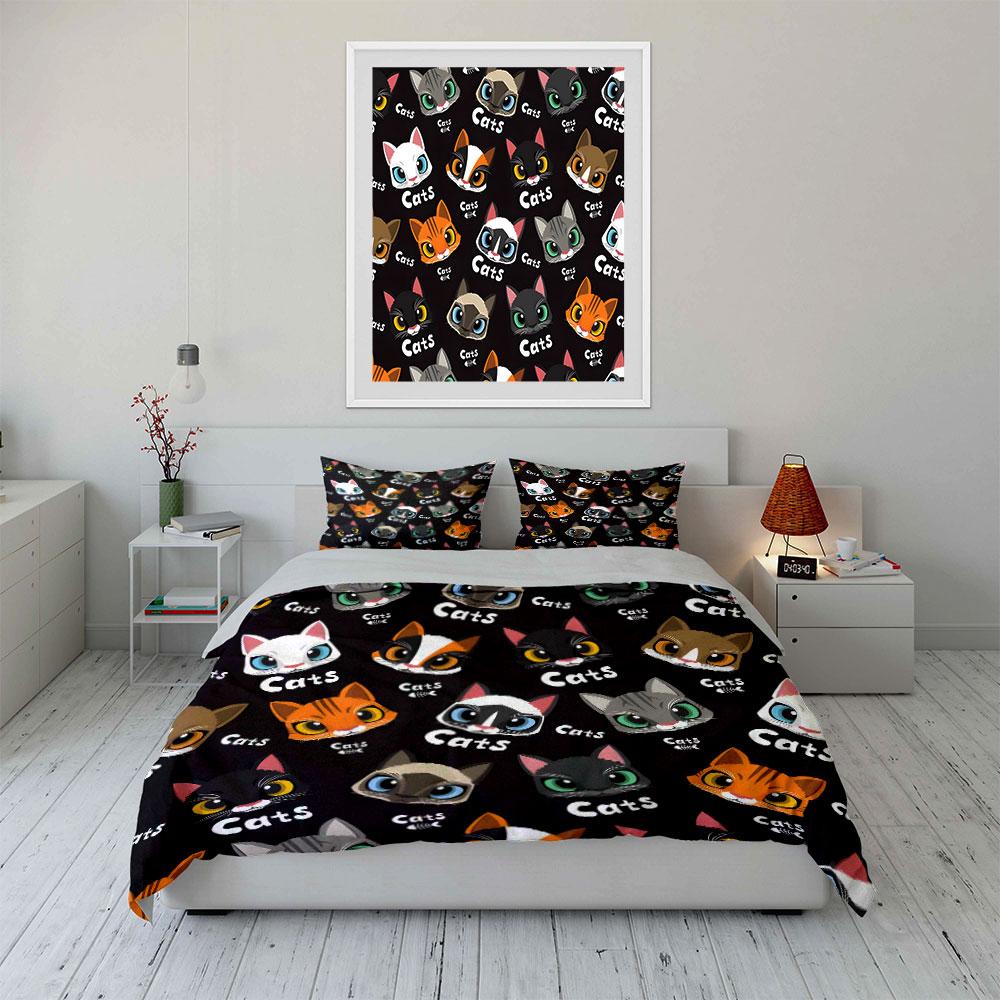 Cute Cartoon Cat Faces Pattern Bedding Duvet Cover Set  (1*Duvet Cover 2*Pillowcases, without duvet insert)