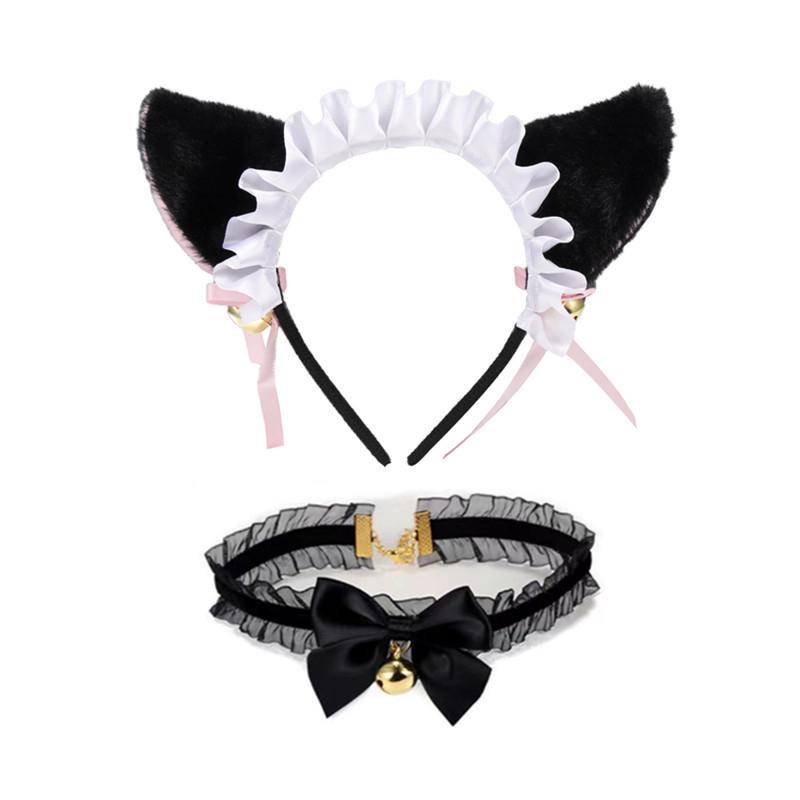 Cat Ear Bell Headband & Choker Set with Tail - Halloween Party Accessories