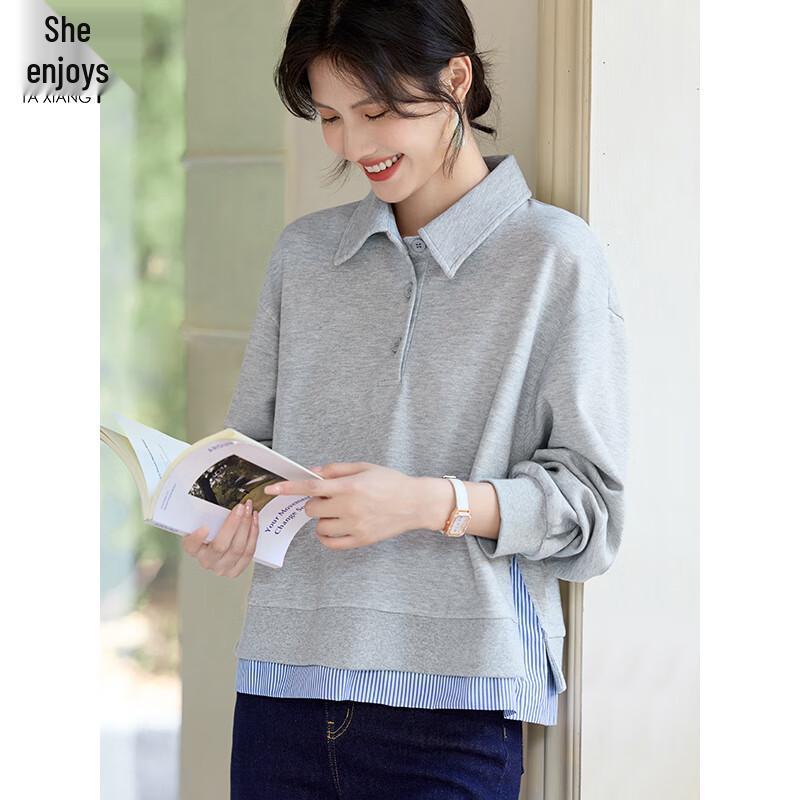 Women s Striped Patchwork Polo Collar Sweatshirt XL