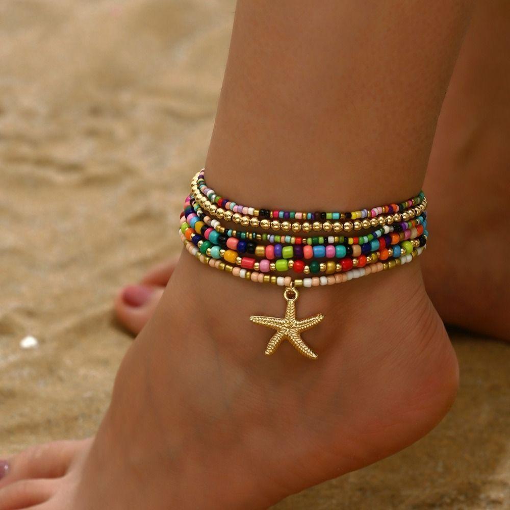 6pcs Stretch Beach Rice Beads Elastic Anklet Multilayer Anklet Set New Beach Jewelry