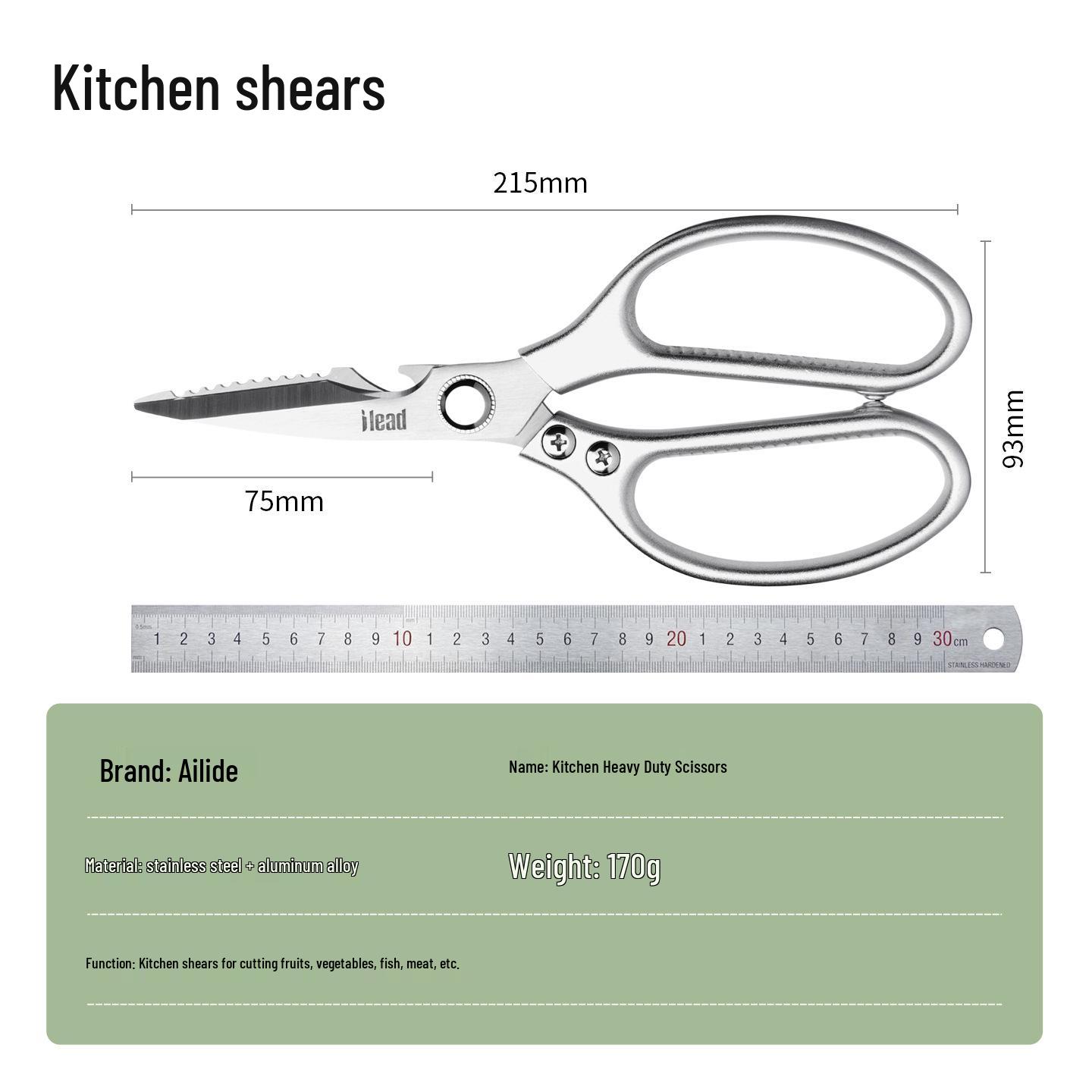 

Ailide Multi-functional Kitchen Shears - Stainless Steel Blades with Strong PP Handle for Chicken Bones & BBQ, Thickened for Durability