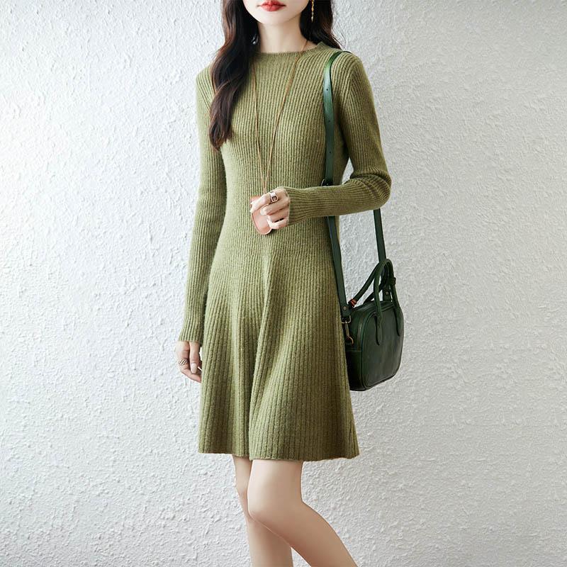 Women Sweater Dress 100% Wool TIDENOVEL O-neck Knit Long Pullover Winter Jumpers Wool Long Dress Female
