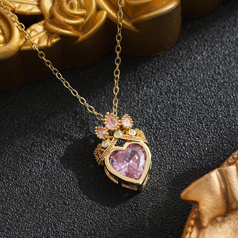 Pink Crown Heart Necklace: Titanium Steel Clavicle Chain with Light Luxury & Niche Design, Versatile Accessory
