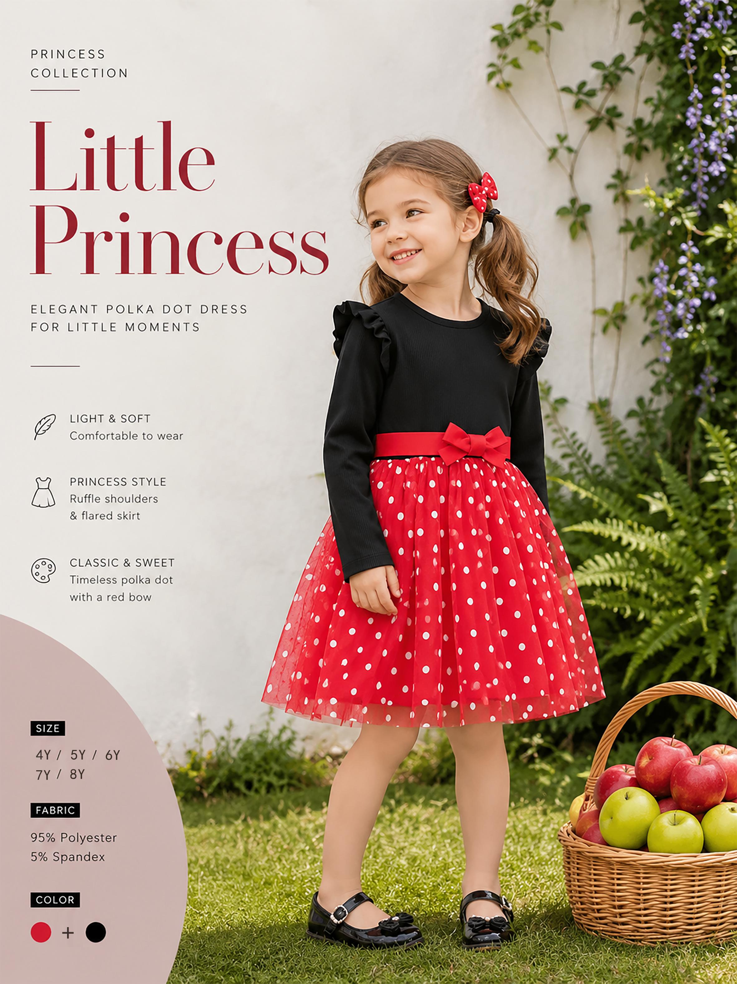 Girls Ruffle Sleeve Polka Dot Tulle Dress Bow Tutu Princess Dress 4Y красный