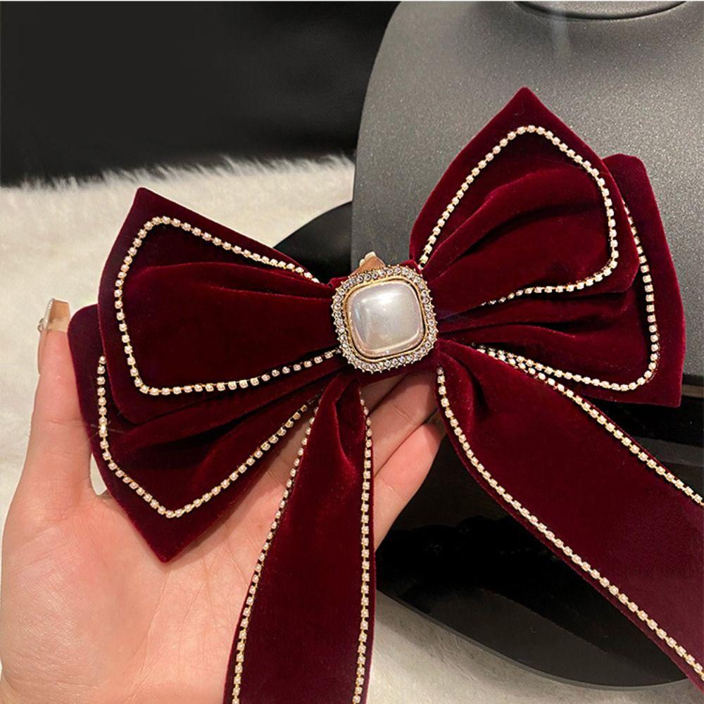 Cloth Bowknot Spring Clip Rhinestone New Year Hairpin Red Velvet Bow Hair Clip Ponytail Holder