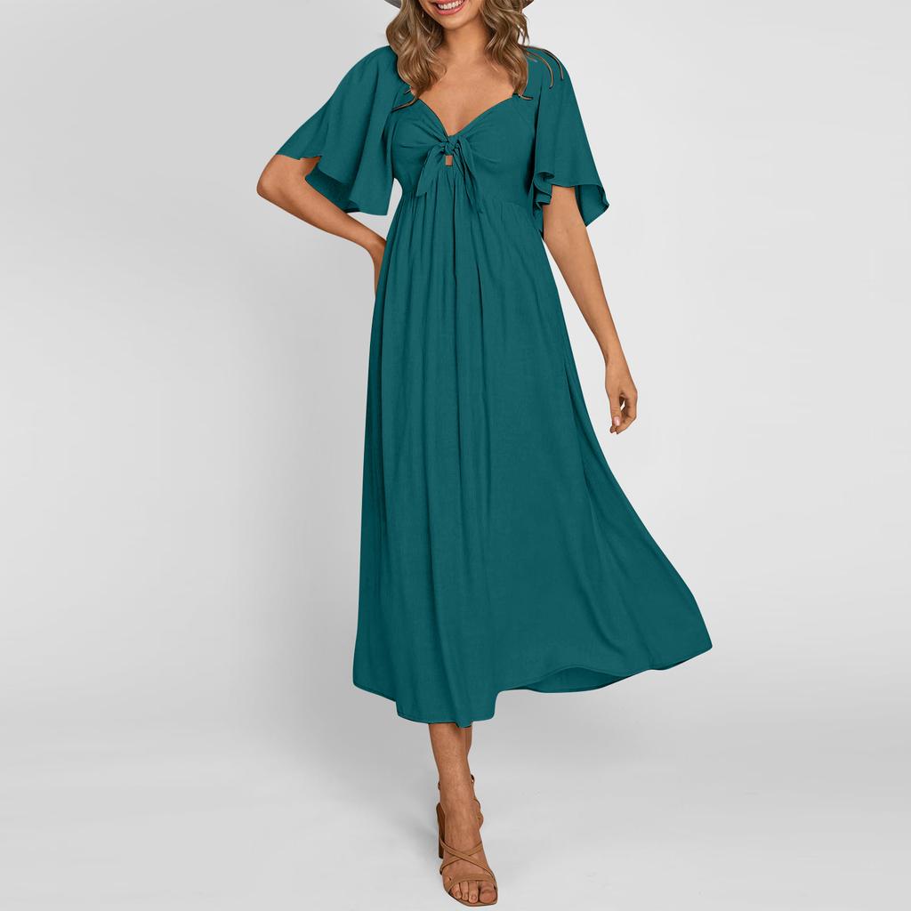 Women's Casual Dresses, Short Sleeve Tie V Neck Ruffled Midi Flowy Dress Women's V Neck Short Sleeve Summer Maxi Dress