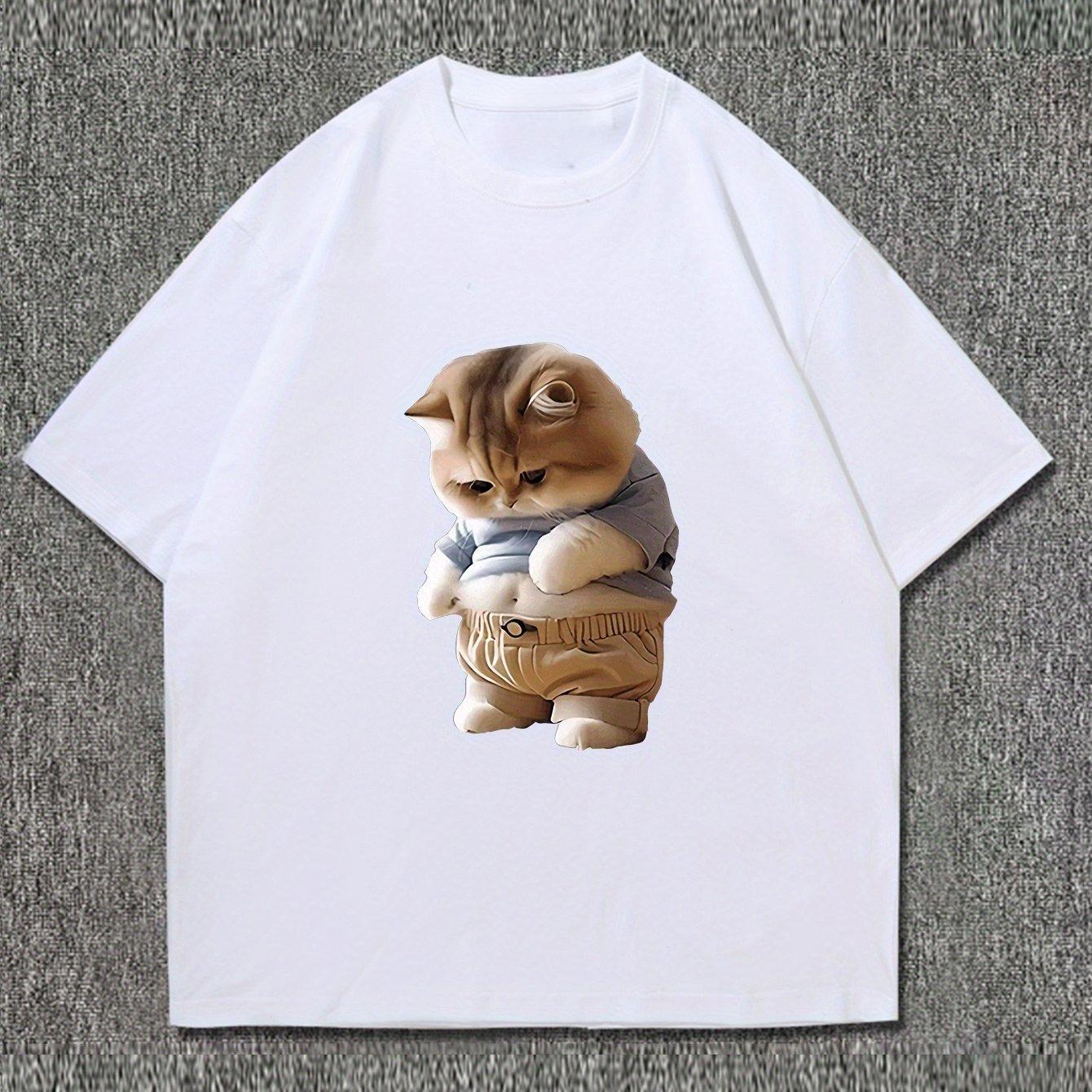 

2025 Summer Pure Cotton New Men s Solid Color Cat Print Crew Neck T-shirt Casual Breathable Outdoor Large Size Short Sleeves 4XL