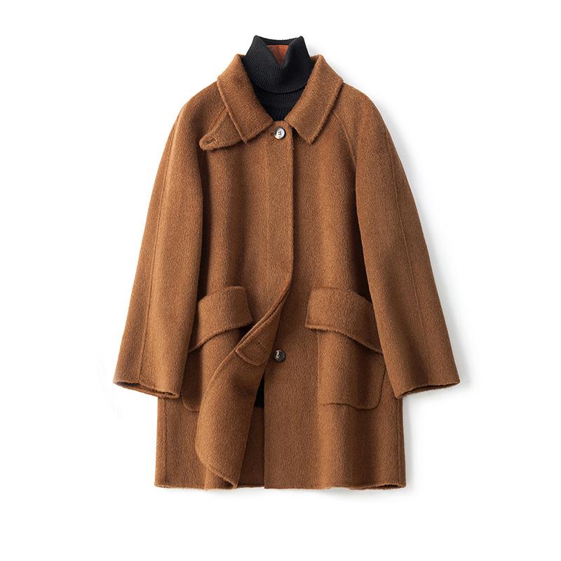 New high-end hand-sewn medium and long double-sided cashmere coat femininity fashion loose thickened wool coat