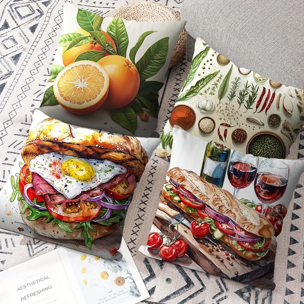 Kitchen & Food Theme Throw Pillow Covers, Watercolor Orange Spice Sandwich Wine Print Cushion Cases Rustic Food Lover Home Decor
