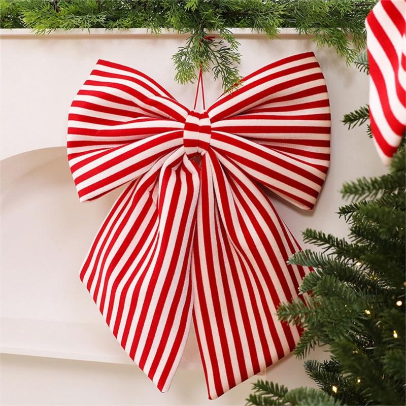 Snoepstokpatroon Kerststrik Ornament Zachte Stof Hangend Accent voor Boom, Krans, Cadeaupresentatie en Feestelijke Kamer