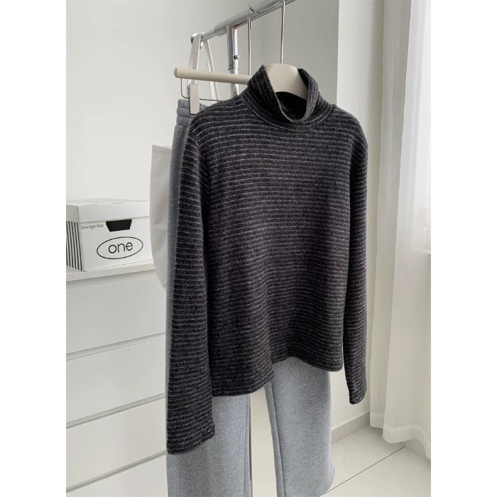

Women s Korean Striped High Neck Plush Layered Long Sleeve T-shirt for Autumn Winter XXL темно-серого