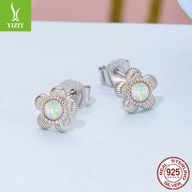 S925 Sterling Silver Non-Fading Small Flower Stud Earrings Opal Flower Fashion Niche Temperament Earrings Women