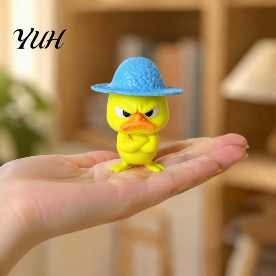 Decorative Mini Figurines for Home 4Pcs 3D Printed Angry Duck Figurines, Grumpy with Straw Hat, Unique Desk Decor Coworkers Cute Cross-Arms