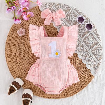 Baby Girl Summer New Short Sleeve Floral Chest Flower Round Neck Top + Ribbed Lace Shorts Casual Set