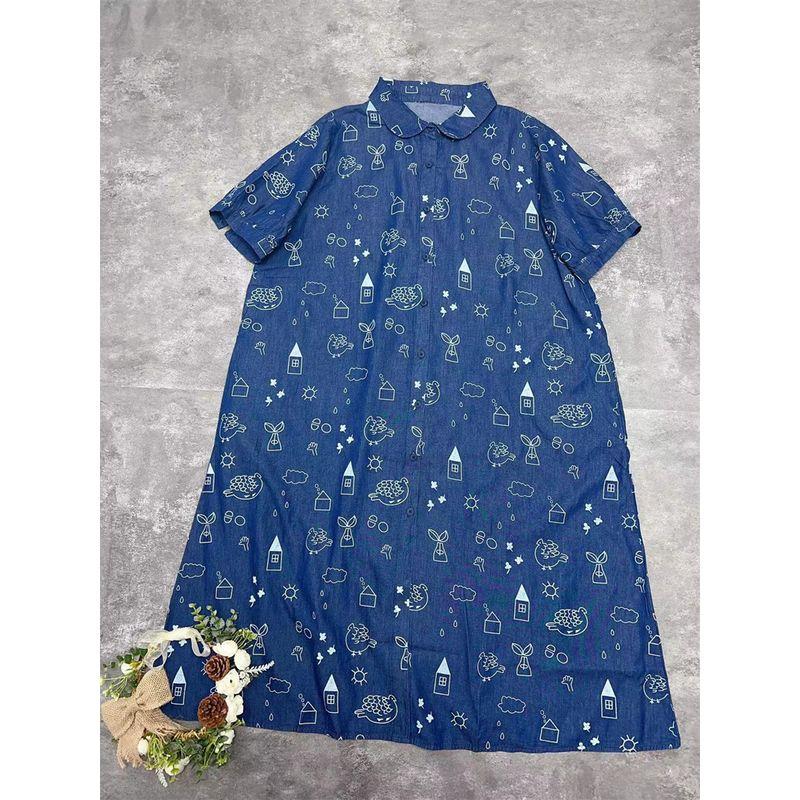 

Japanese Single Short Sleeve Print Dress Women s 2025 Summer New Peter Pan Collar Pure Cotton Thin Bag Buckle Plus Size Shirt Dress Dark Blue One size
