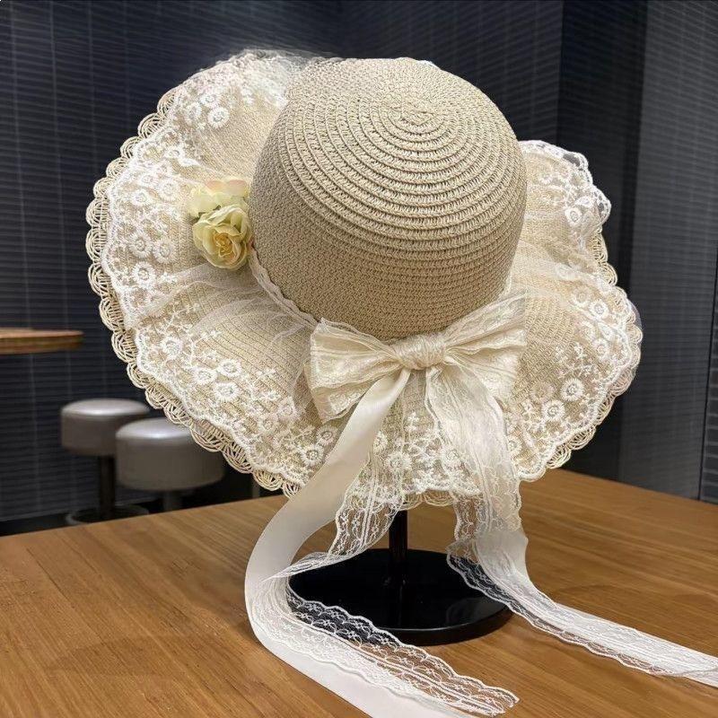 Summer Straw Hat With Lace Bow And Wide Brim For Sun Protection And Beach Vacation