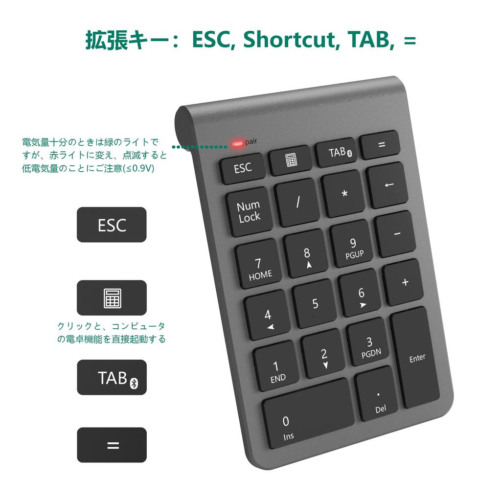 Wireless Bluetooth Numeric Keypad, Multi-Device Compatible, with Tab Key, Ultra-Slim, Compatible with Windows, iOS, and Linux, Portable, Space Gray