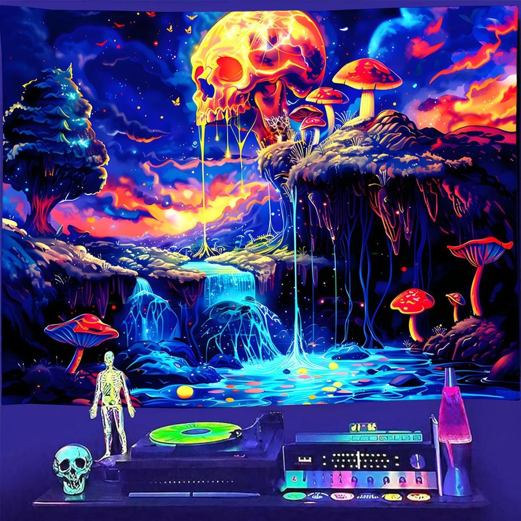 Onivein Blacklight Skull Forest Tapestry UV Reactive Skeleton Mushroom Waterfall Tree Tapestries Wall Hanging Aesthetic Tapestry for Bedroom Dorm