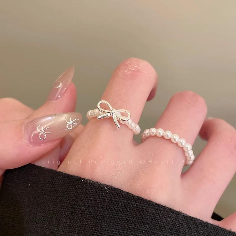 2pcs/set Silver Color Rings Double Hollowed-Out Imitation Pearl Adjustable Ring Women Fashion Light Luxury Party Jewelry