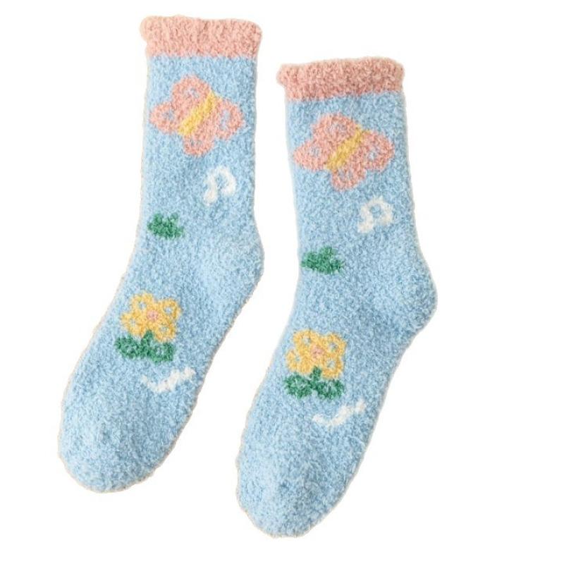 Autumn and Winter Coral Fleece Socks, Women's Small Flower Fruit Thickened Warm Socks, Women's Home Floor Socks, Postpartum Mid-calf Socks