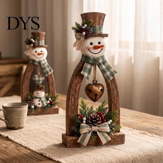Handcrafted Wood Snowmen 2Pcs Rustic Wooden Snowman Tabletop Decor, Vintage Christmas Farmhouse Decorations Figurine, Holiday Centerpiece for