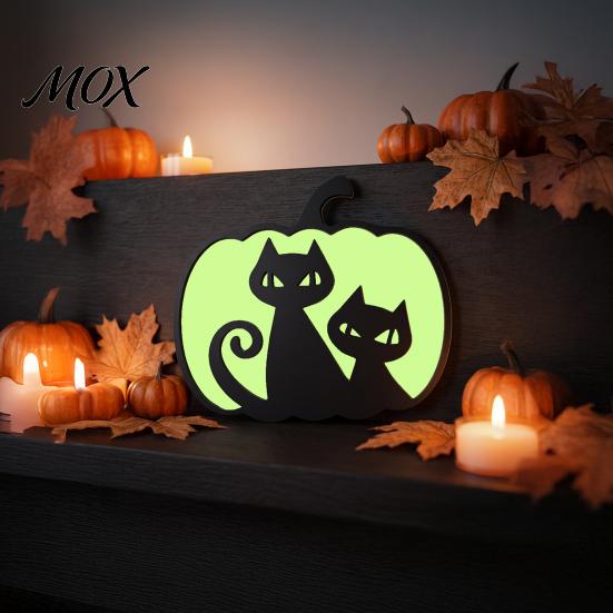 Indoor Halloween Atmosphere Lighting Glow-in-The-Dark Pumpkin, Spooky Wooden Pumpkin Ornament, Black Cats Luminous Ornament Bats Ghosts Silhouette