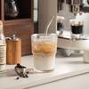 1/2 Stück 450 ml gestreifter Glasbecher, transparenter Glasbecher mit Deckel und Strohhalm, geeignet für Eiskaffee, Tee, Saft, Milch und Wasser