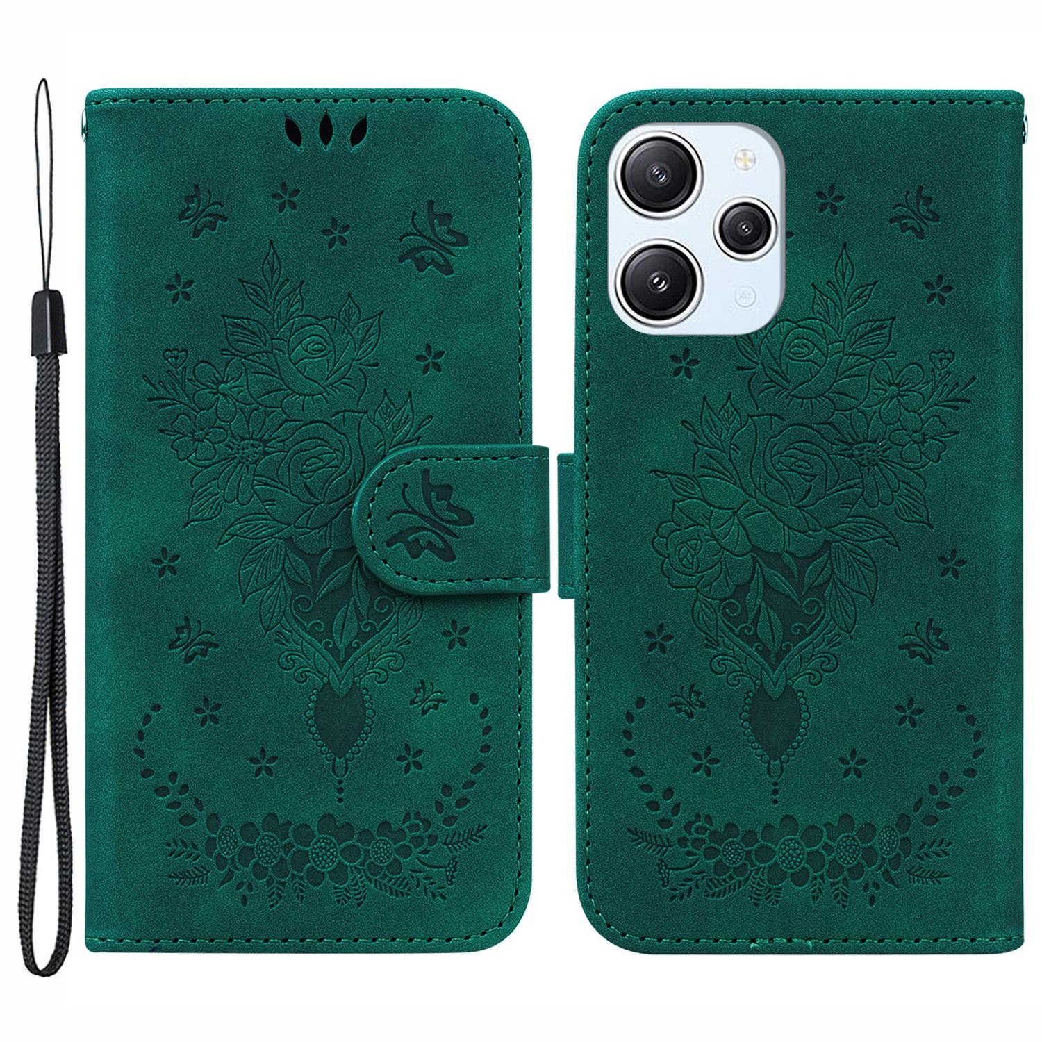 

PU Leather Case for Xiaomi Redmi 12 4G,Rose Butterfly Imprinted Cell Phone Stand Wallet Cover Green