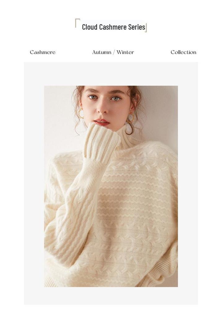 Women's Retro High-Neck Cable Knit Cashmere Sweater, Loose-Fit, Light Color, Pullover Style