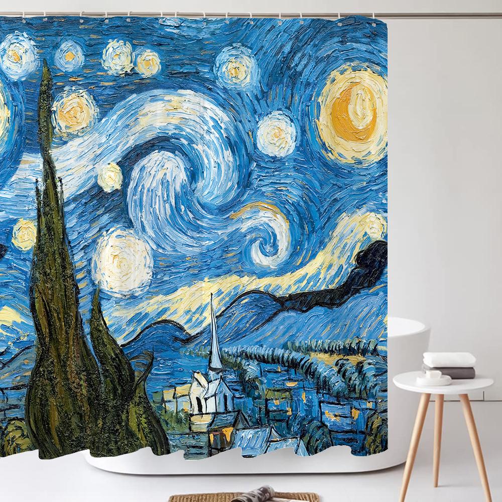 Art oil painting Starry Sky Printed Shower Curtain Waterproof Shower Curtain Bathroom Partition Curtain Home Decor Curtain 90x180cm-35x70in