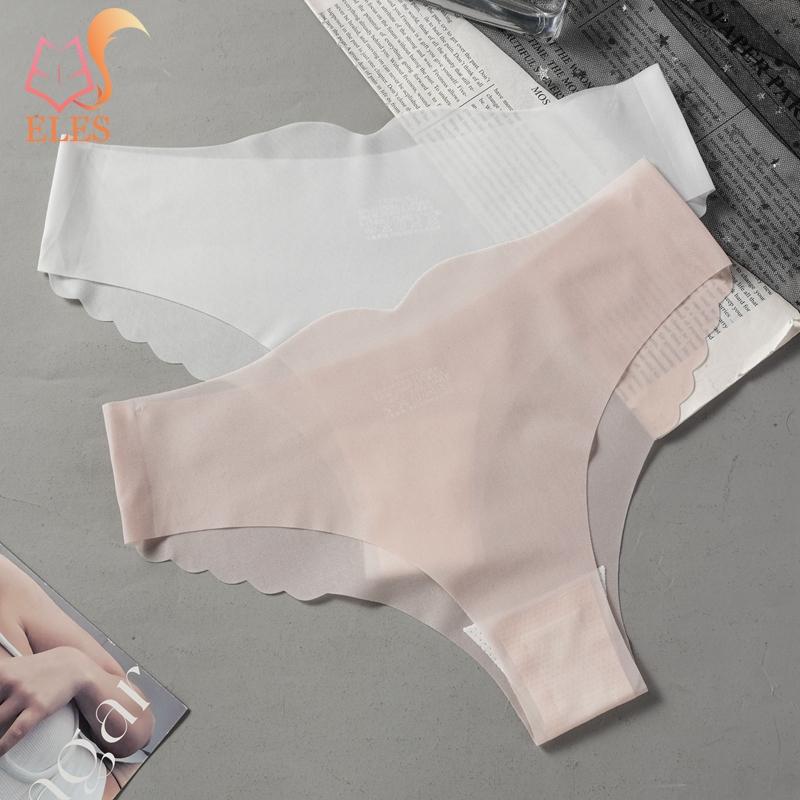 Summer Ice Silk Sexy Pure Colour Wavy Edge T-Shape Lingerie Briefs Women's Low Waist Light Transparent Underwear Panties