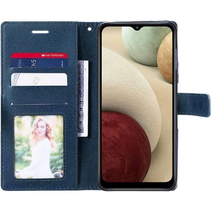 Coque pour Samsung Galaxy A12 + 2 Verres Trempés - Coque Rabat Bleu Marine Anti Rayure Élégante