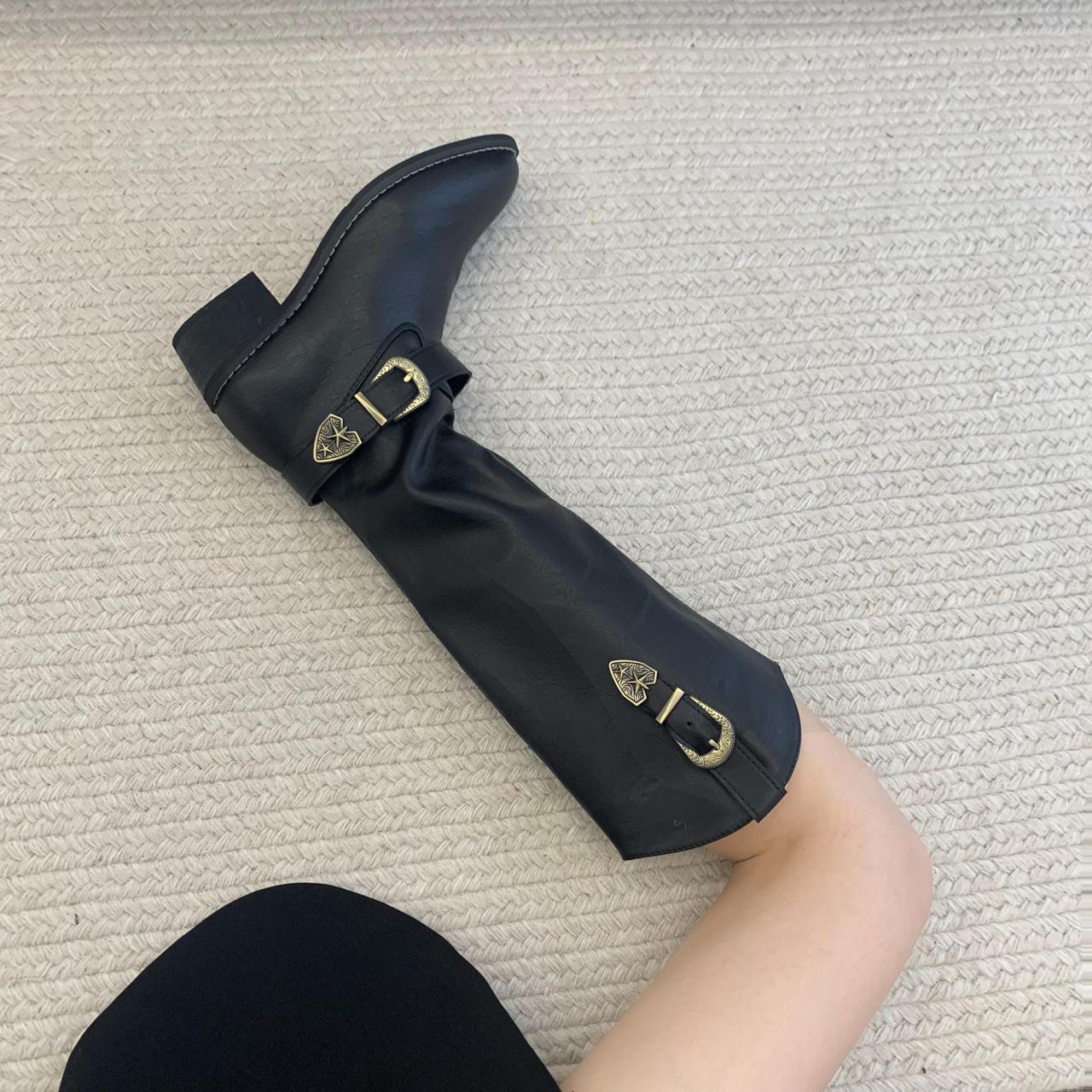 

Осенние ковбойские сапоги для женщин, слипоны, сапоги с высоким голенищем, женские, квадратный каблук, трендовые зимние сапоги, женская обувь Q340 37 чёрный