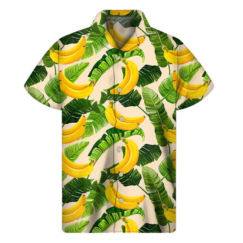Men Summer Vacation Tropical Plants Pattern Short Sleeves Hawaiian Shirts Button Lapel Aloha Blouse