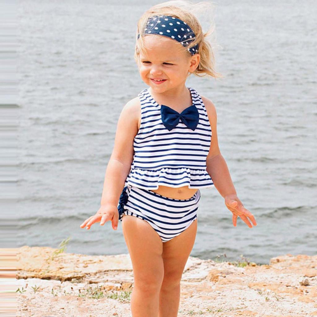 Cheap Toddler Kids Baby Girl Bow Swimsuit Striped Bathing Suit Bikini