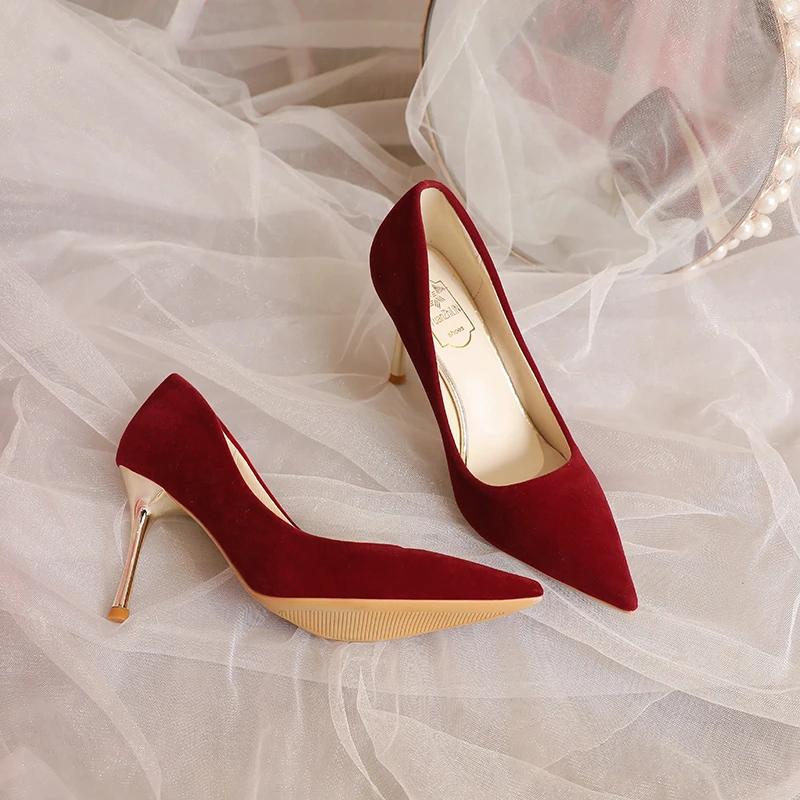 Fashion 2025  Women's Basic Pumps Gold Heel High  Dress Shoes Red Flock Boat  Pointed Toe Slip On