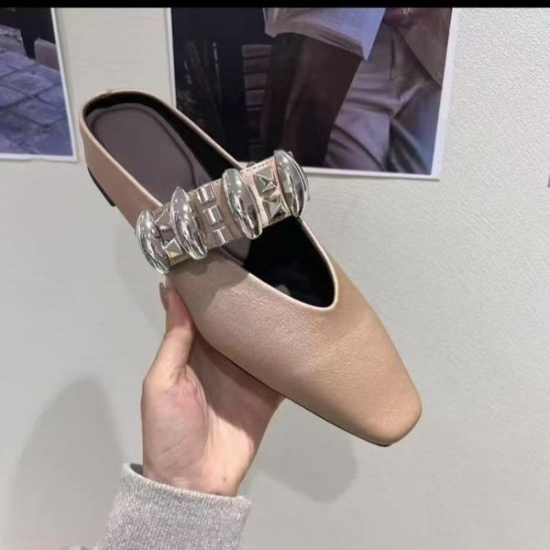 Fashion Women's Inner Height Flats Summer New Square Head Shallow Mouth Glitter Buckle Soft Sole Anti-slip Wear-resistant Slippers