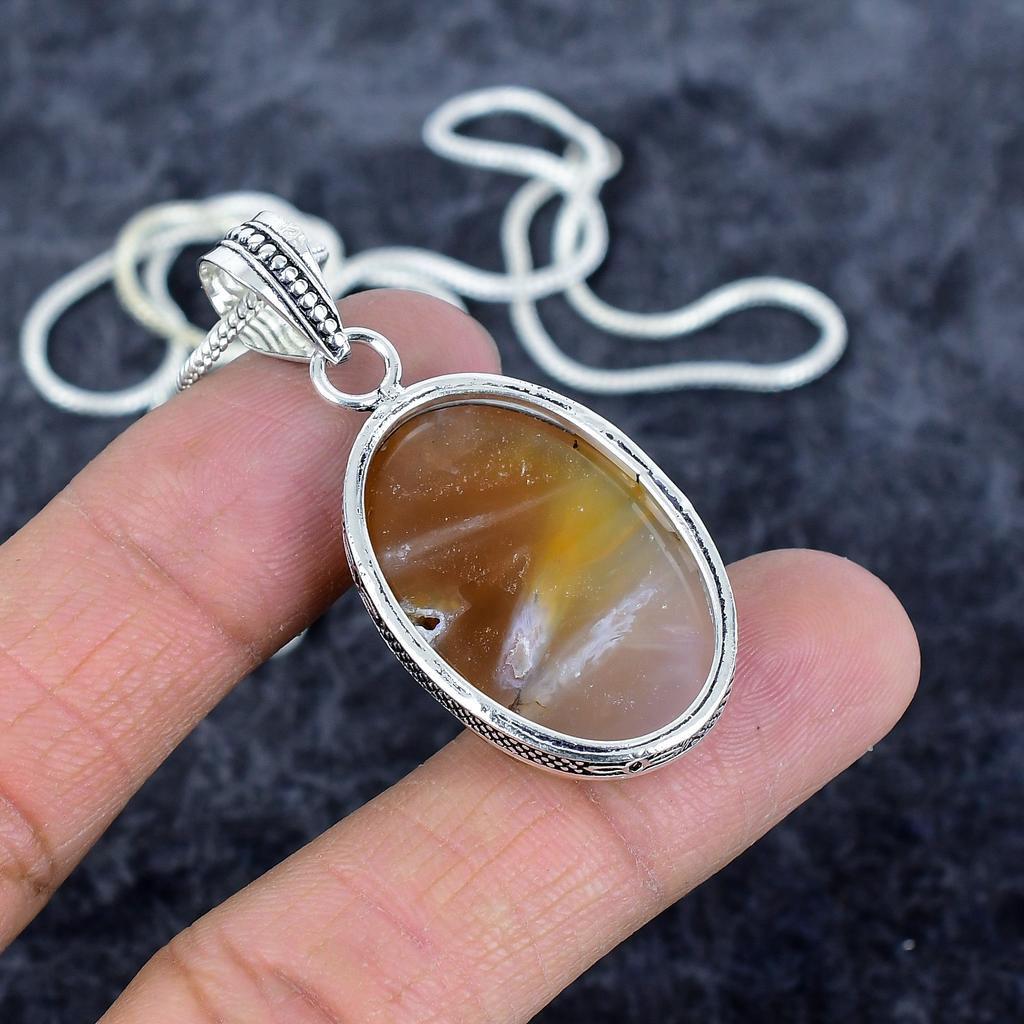 Montana Agate Gemstone Handmade 925 Sterling Silver Jewelry Pendant 1.93" M-2939