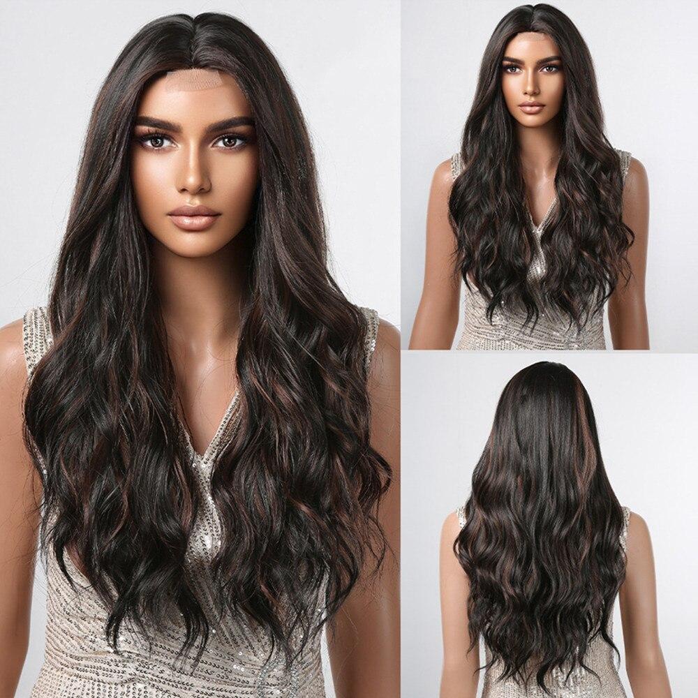 ALAN EATON Brown Highlight Wave Wig Long Synthetic Hairline Lace Wigs Natural Looking Heat Resistant Fiber for Women Party Daily
