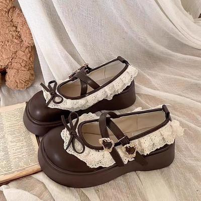 Frühlingsneue Mary Jane Schuhe für Damen Runde Spitze Flacher Ausschnitt Schleife Spitze Dicke Sohle Rutschfest Abriebfest Einzelne Schuhe