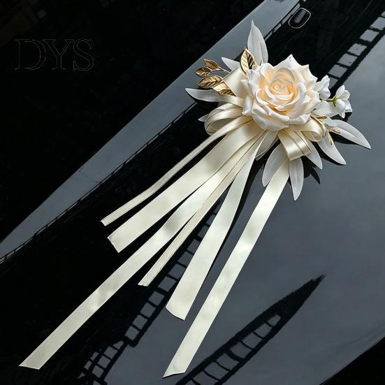 Champagne Rose Car Handle Decor Wedding Artificial Rose, Door Rearview Mirror Flower Reusable Decorative with Ribbon Bow, Suction Cup, Bridal