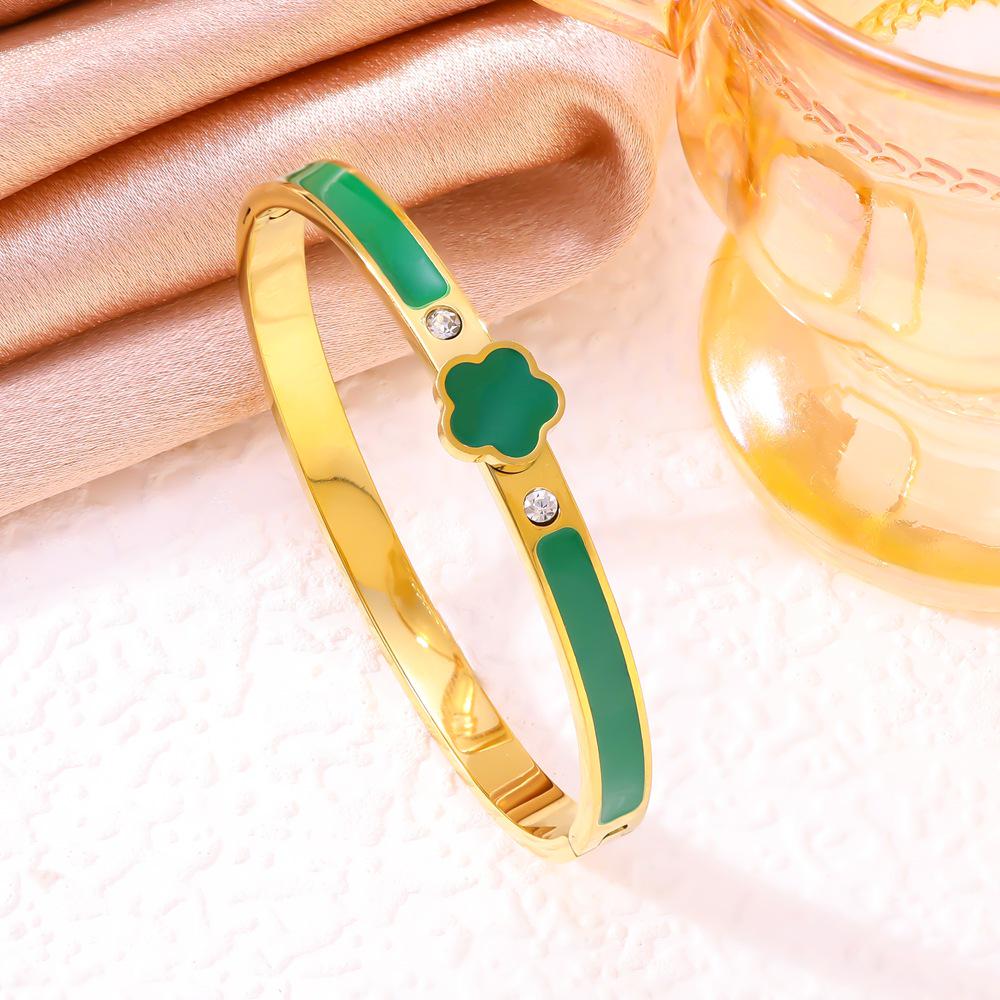 Lucky Five-Leaf Flower Titanium Steel Bracelet with Enamel & Diamond Accents