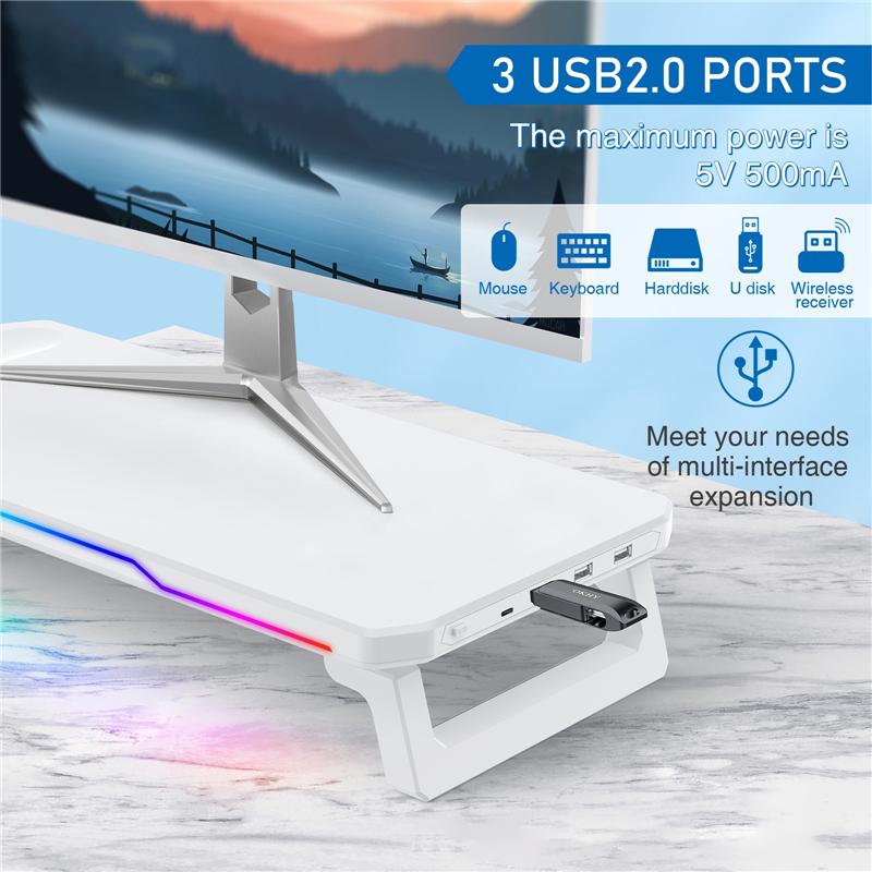 Monitor Stand Riser with 3 USB 2.0 Ports + Wireless Charging + RGB Lighting Foldable Office Computer Stand Storage Rack